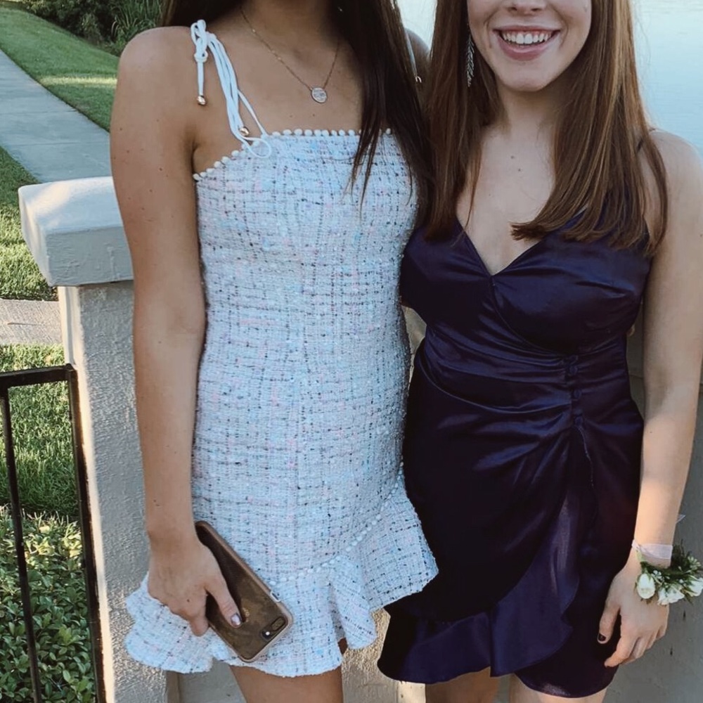 White with multicolor speck dress